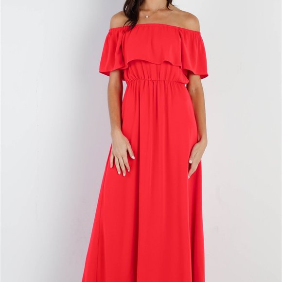 Marbella Red Eyelet Embroidered Layered Ruffle Smock Off Shoulder Maxi Dress main image 1
